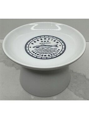 Signature Elevated Bowl Cat Ceramic Fresh Fish Design White New